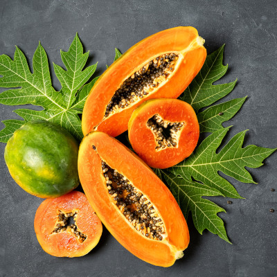 papaya, frucht, kerne, blaetter